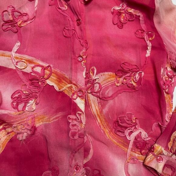 Sea Suns Vintage Floral Blouse Pink Sheer Ruffled Button Up Women's Medium 90s - Picture 6 of 12